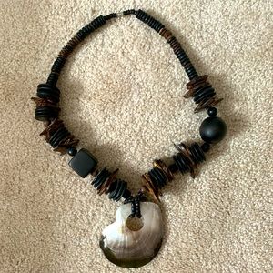 Natural wood bead and shell necklace